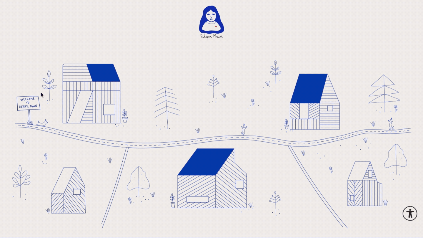 Animation demonstrating how clicking a house in the illustration opens a modal with content — in this case, the About Me section