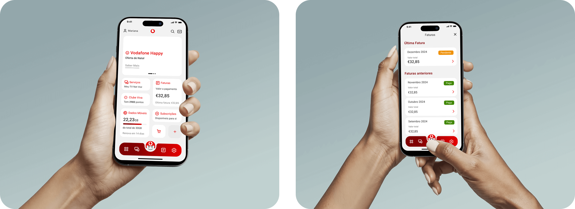 Final mockups of the My Vodafone app redesign on iPhone devices, showing the dashboard, bills and services screens