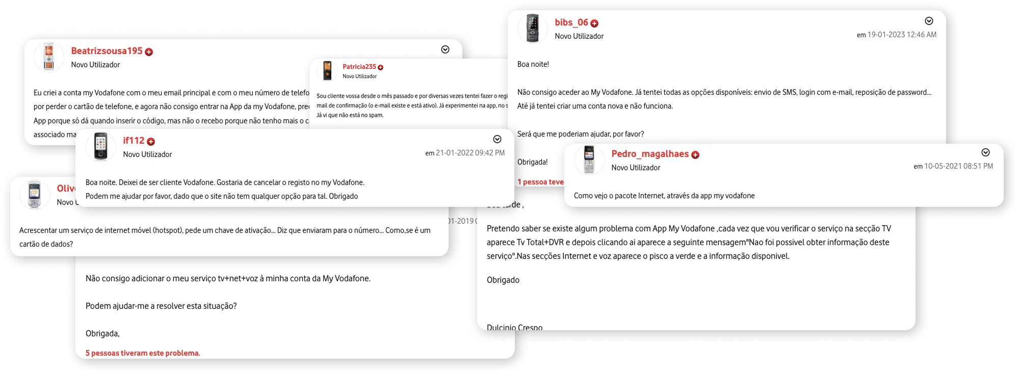 Screenshot of user comments on the Vodafone forum reporting usability issues in the app