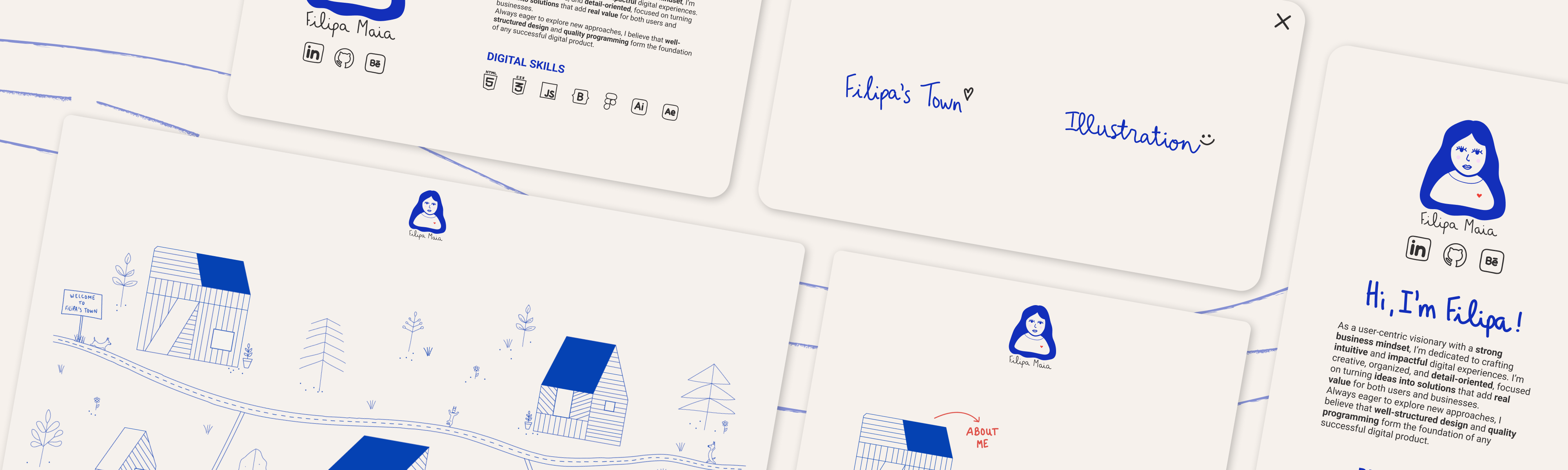 Introductory image of the Filipa's Town project, showing the town illustration on desktop and mobile