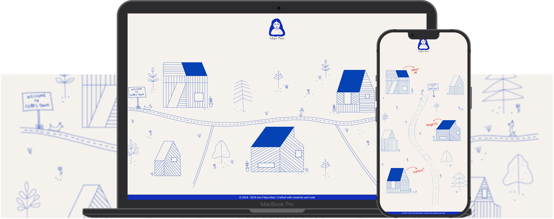 Final mockups of the Filipa's Town portfolio on desktop, tablet and mobile devices, showing the responsiveness and finished look of the project