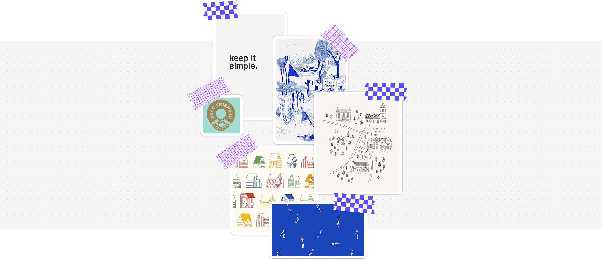 Filipa's Town moodboard with visual references for colours, typography and illustration style