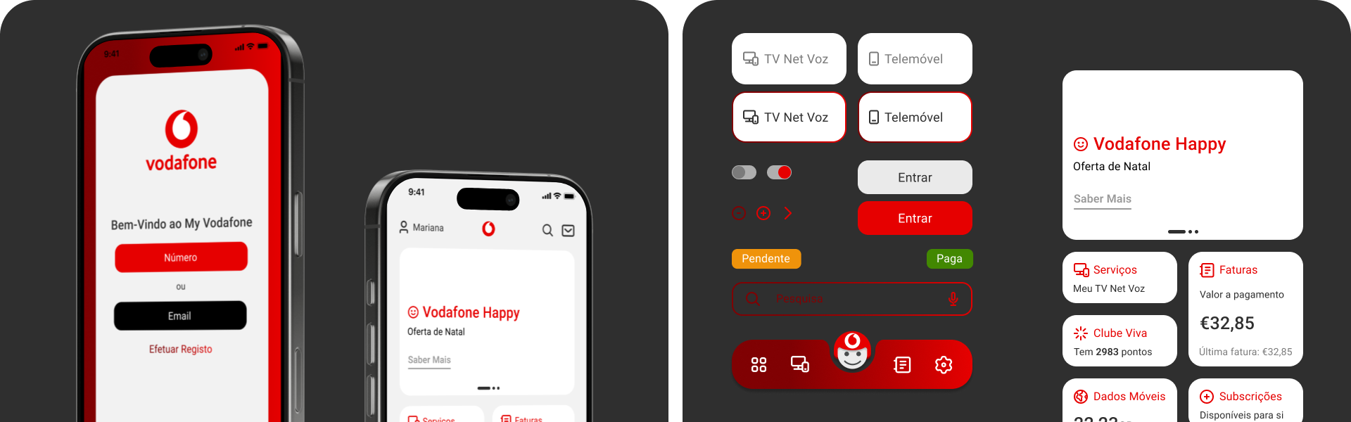 Wireframes and high-fidelity mockups of the main redesigned screens: dashboard, bills and active services