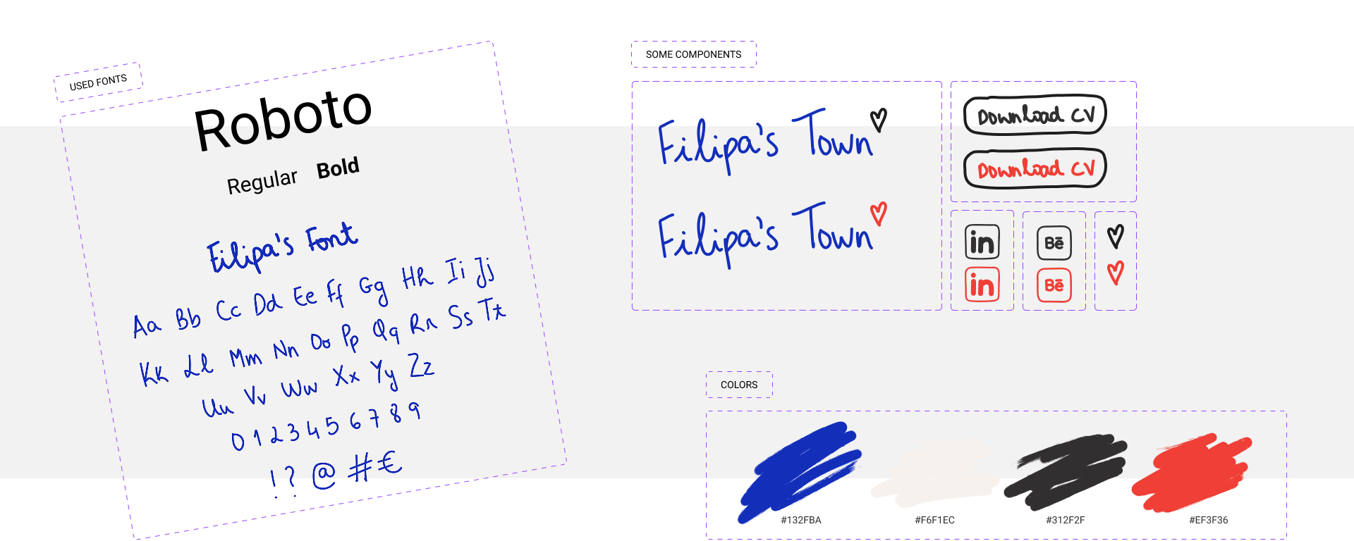 Filipa's Town UI Kit showing the colour palette, typography and reusable components such as buttons and modals